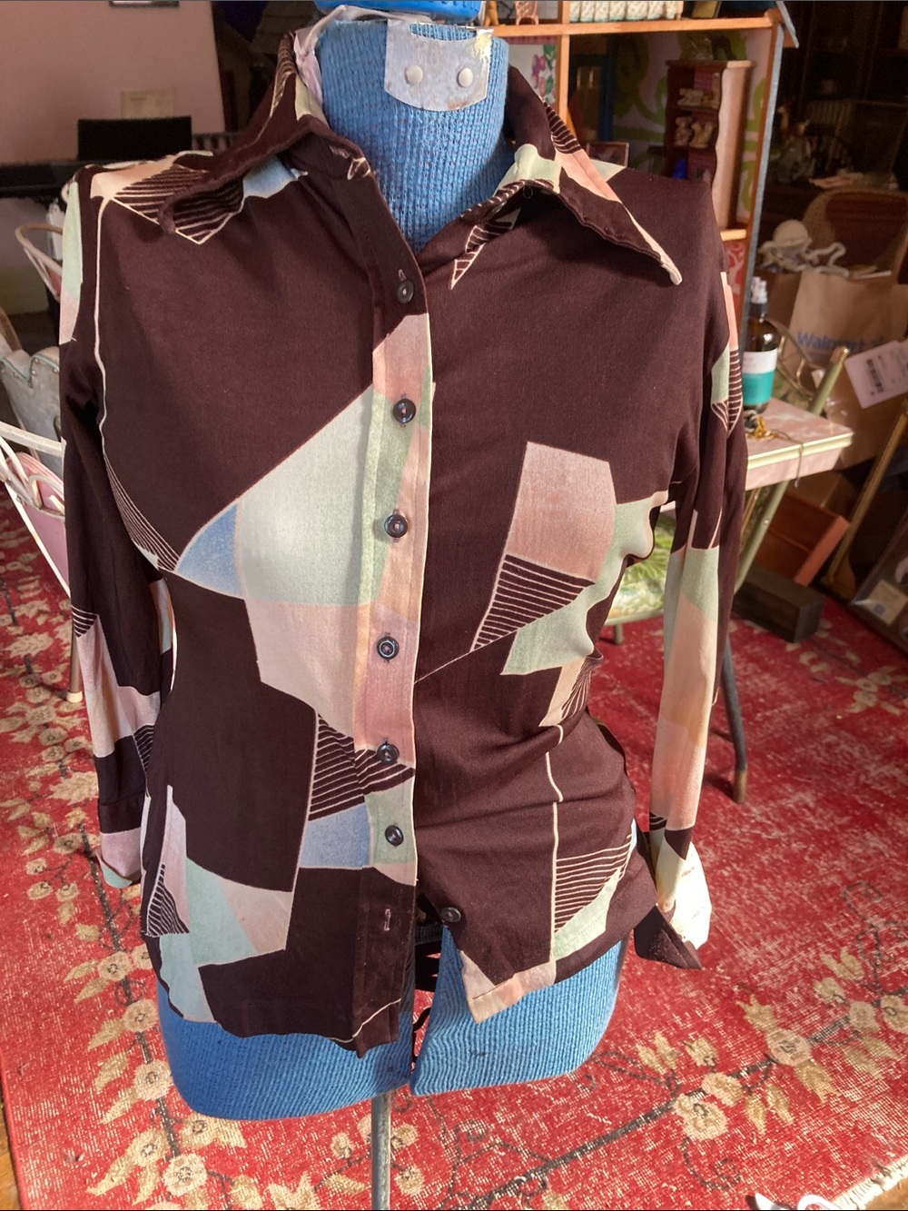 Abstract Geometric Button-Up Shirt in Brown, Mint & Pink